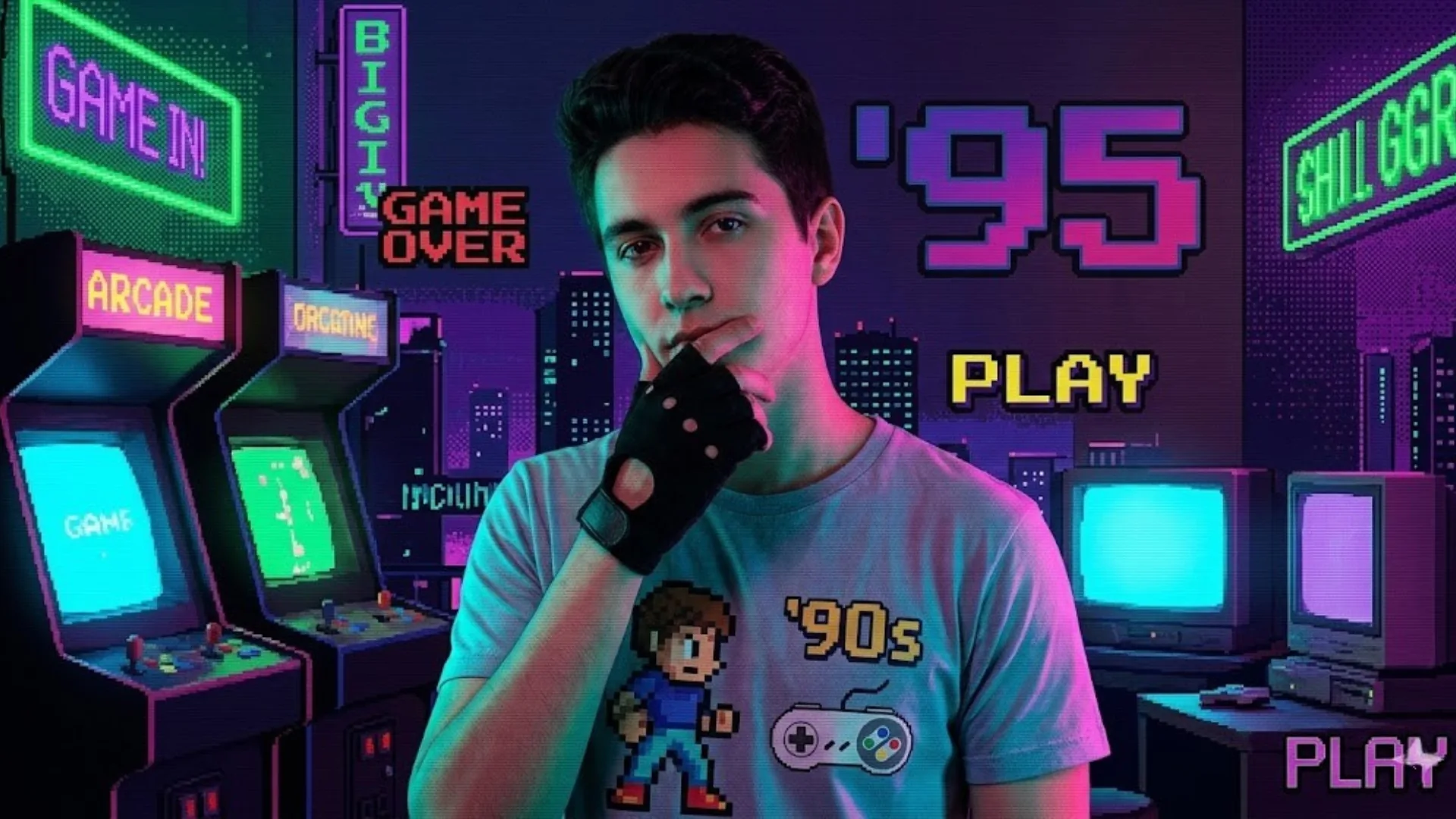 Prompt 19 retro 90s gamer portrait with nostalgic neon environment
